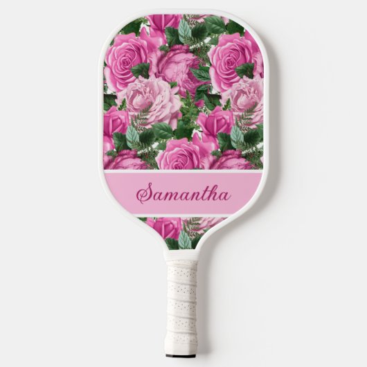 Raquette De Pickleball Fleurs Florales Roses Nom Script (Verso)