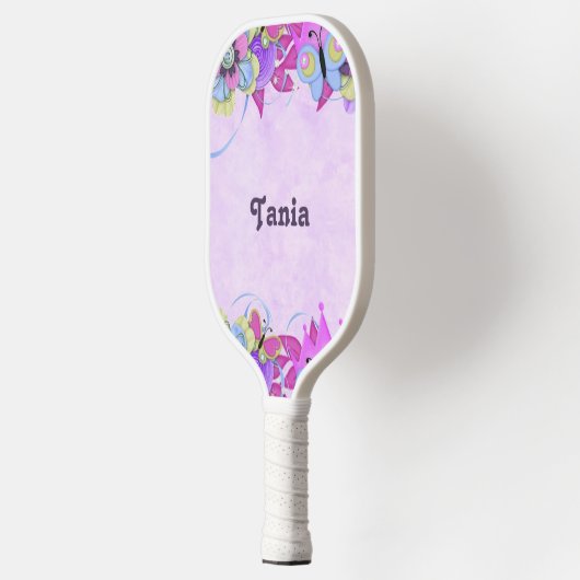 Raquette De Pickleball Fleurs mignonnes et papillons sur violet (Gauche)