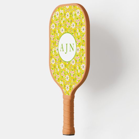Raquette De Pickleball Fleurs Mood rétro Monogramme jaune et blanc (Gauche)
