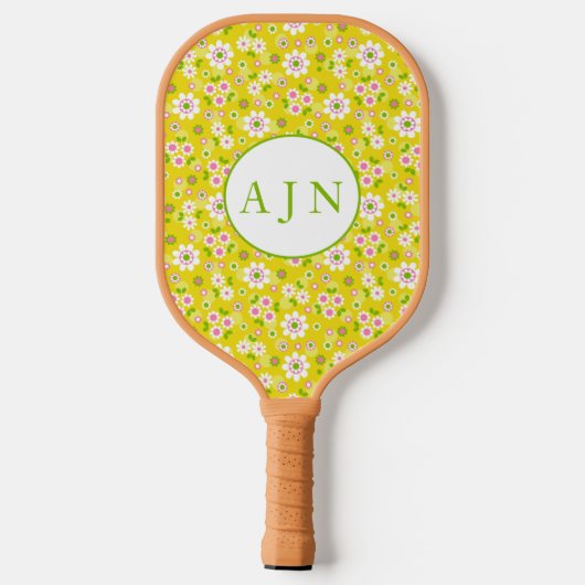 Raquette De Pickleball Fleurs Mood rétro Monogramme jaune et blanc (Verso)