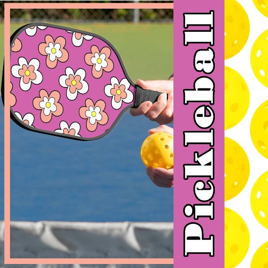 Raquette De Pickleball Fleurs roses et blanches sur violet vif