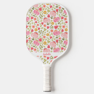 Raquette De Pickleball Fleurs tendance rose mignonne Nom personnalisé