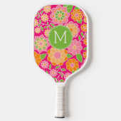 Raquette De Pickleball Fleurs vertes roses chaudes avec Monogramme person (Verso)