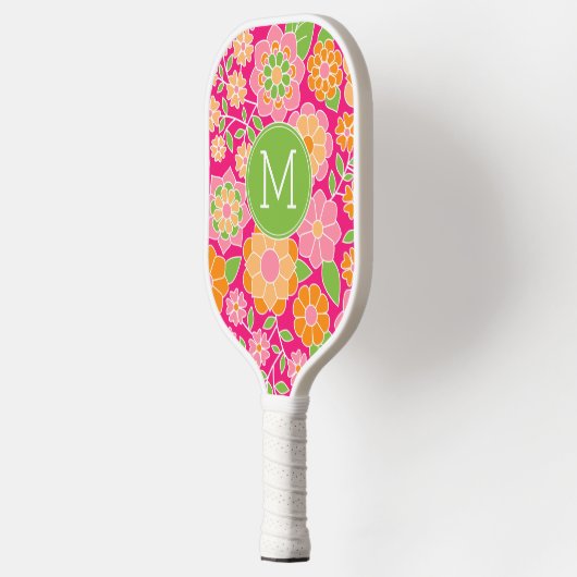 Raquette De Pickleball Fleurs vertes roses chaudes avec Monogramme person (Gauche)