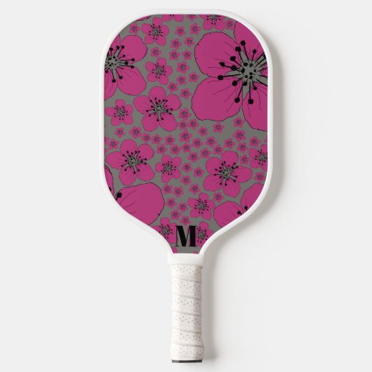 Raquette De Pickleball Floral rose et noir Monogramme moderne (Recto)