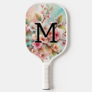 Raquette De Pickleball Floral watercolor monogram pink cherry blossoms 