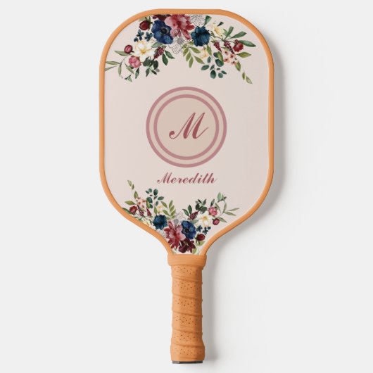 Raquette De Pickleball Flores rustiques Monogramme personnalisé (Recto)