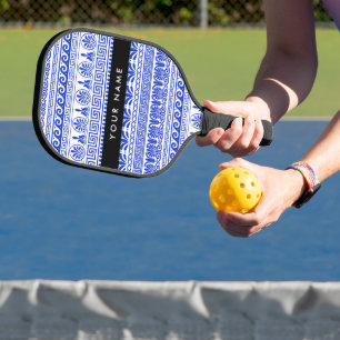 Raquette De Pickleball Fret grec, Clé de méandre mixte, Bleu, Votre Nom