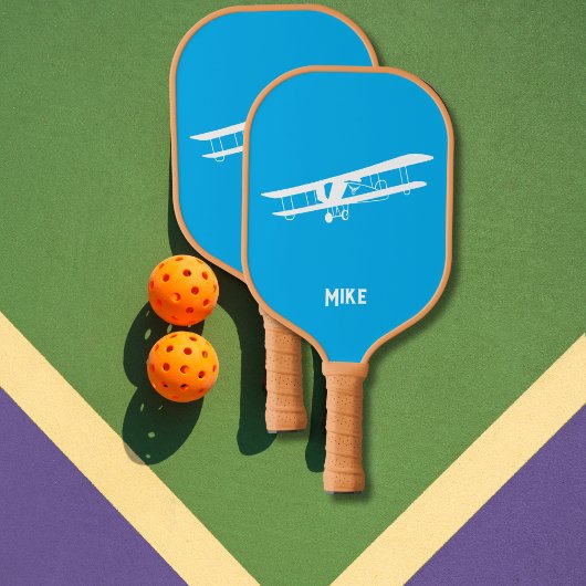 Raquette De Pickleball Fun Airplane Simple Monogrammed Blue Aviation