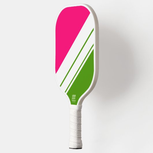 Raquette De Pickleball Fun Bright Pink Bold Green White Racing Stripes (Gauche)
