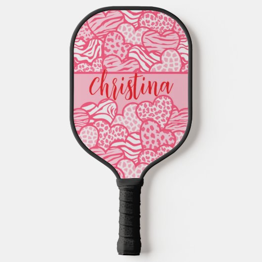Raquette De Pickleball Girly Blush Rose mignon Animal Imprimer Coeurs Nom (Verso)