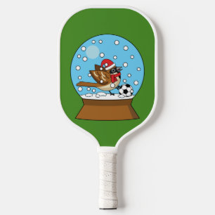 Raquette De Pickleball Globe de neige avec un moineau mignon jouant au so