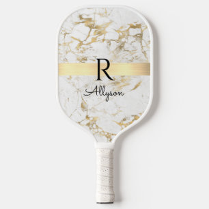 Raquette De Pickleball Gold & Marbre blanc, Gold Bar, Black Name/Monogram