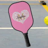 Raquette De Pickleball Grand Coeur Diamant, Monogramme Or, Nom, Rose