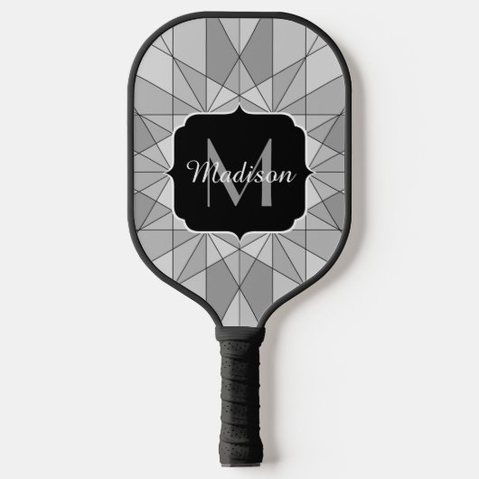 Raquette De Pickleball Gris noir Mosaïque Triangle Motif Monogramme (Recto)