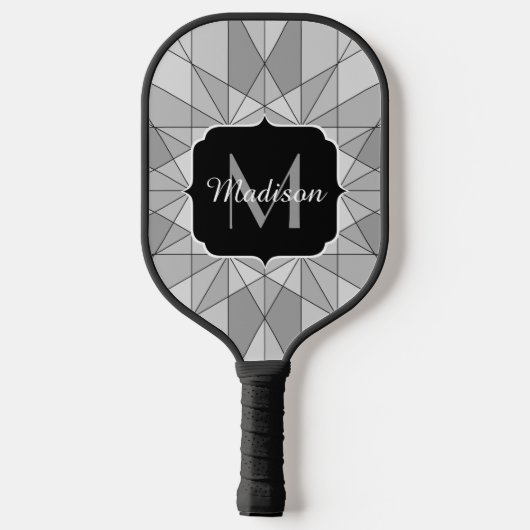 Raquette De Pickleball Gris noir Mosaïque Triangle Motif Monogramme (Verso)