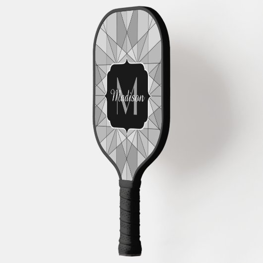 Raquette De Pickleball Gris noir Mosaïque Triangle Motif Monogramme (Gauche)