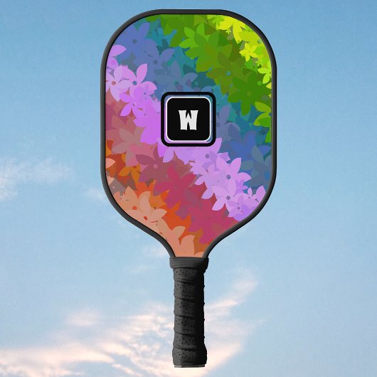 Raquette De Pickleball Happy Crazy Retro Fleurs arc-en-ciel avec initial