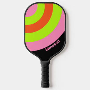 Raquette De Pickleball HI-VIS et cercle rayé rose avec nom