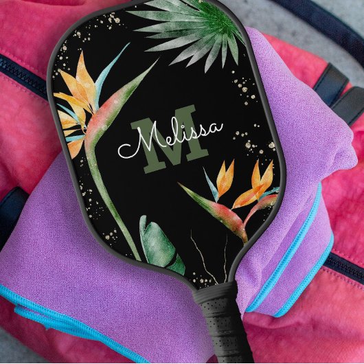 Raquette De Pickleball Ile tropicale Monogramme floral Script Black Gold