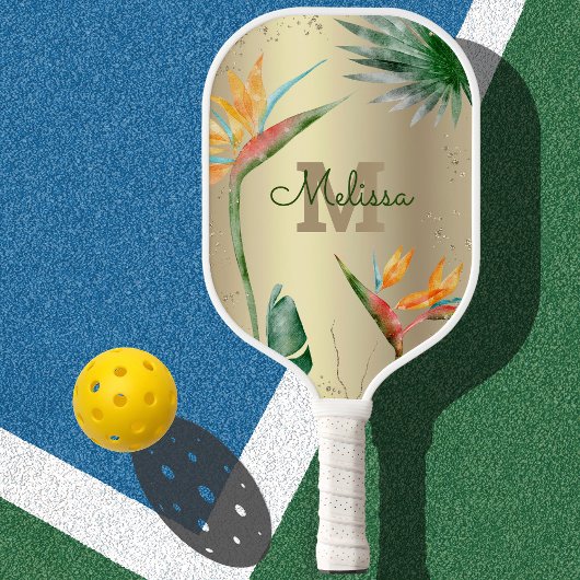Raquette De Pickleball Ile tropicale Monogramme floral Script Gold Foil