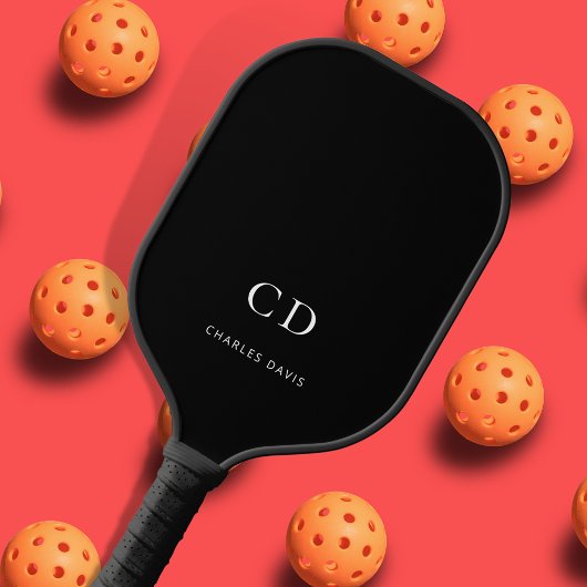 Raquette De Pickleball Initiales de monogramme noir blanc nom
