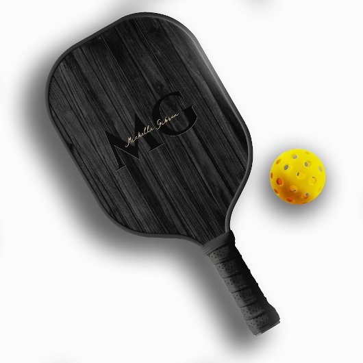 Raquette De Pickleball Initiales du Monogramme d'or en bois noir moderne