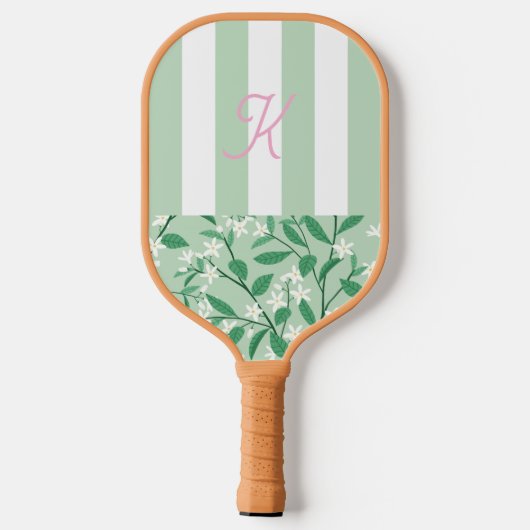 Raquette De Pickleball Initiales Florales Monogrammes Vert & Rose (Verso)