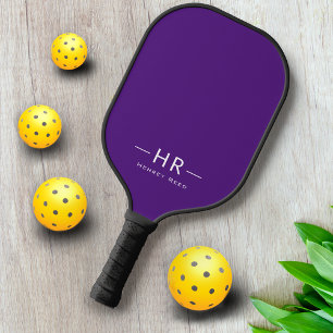 Raquette De Pickleball Initiales Monogrammes + Nom Simple Violet Blanc