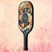 Raquette De Pickleball Japanese Style Retro Teal Floral n Clouds Initial