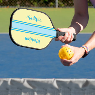 Raquette De Pickleball Jaune rétro et bleu ciel rayé - Monogramme