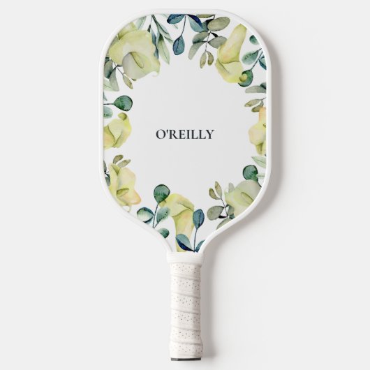 Raquette De Pickleball Jaune Vert Calla Lily Floral Moderne Monogramme (Recto)