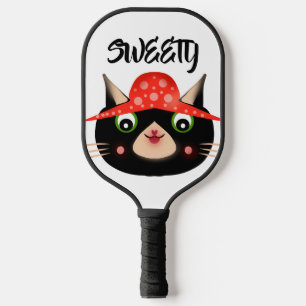 Raquette De Pickleball Joli chat noir avec un chapeau de champignon Fan