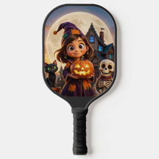 Raquette De Pickleball Jolie petite fille avec un chat noir Joyeux Hallow