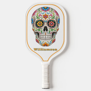 Raquette De Pickleball Jour du crâne de sucre floral des morts, blanc