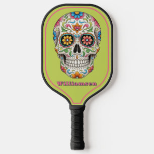 Raquette De Pickleball Jour du crâne de sucre floral des morts, vert