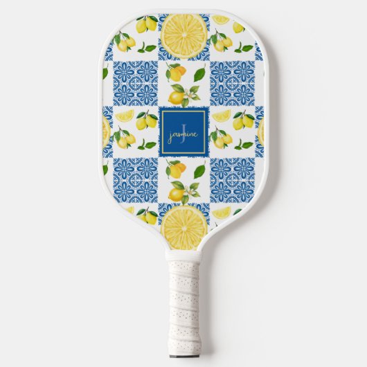 Raquette De Pickleball Lemon Monogram Name French Country Tile Pattern (Recto)