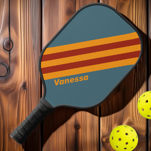 Raquette De Pickleball Lever de soleil rétro sur rayures ardoise avec nom