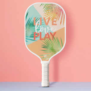 Raquette De Pickleball Live Love Play Fun Aquarelle Tropical Palm Leaf