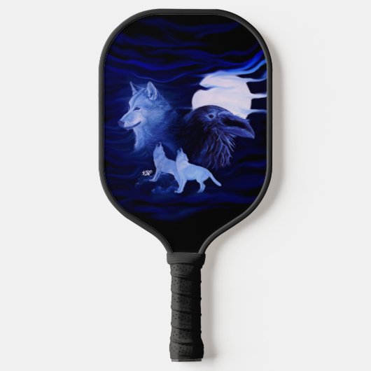 Raquette De Pickleball Loups et corbeau avec pleine lune (Recto)