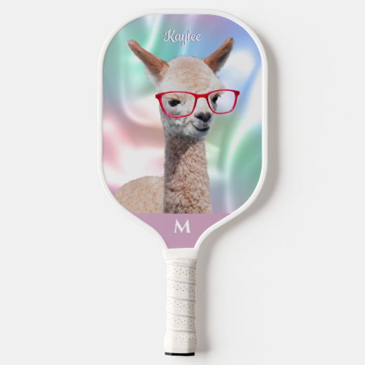Raquette De Pickleball Lunettes rouges Cute Alpaca, Nom Monogram Iridesce (Verso)