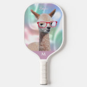 Raquette De Pickleball Lunettes rouges Cute Alpaca, Nom Monogram Iridesce (Recto)