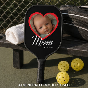 Raquette De Pickleball Maman a établi un script Cœur rouge Photo Noir