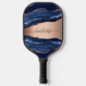 Raquette De Pickleball Marbre agate bleue rose or nom script (Recto)