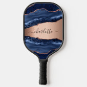 Raquette De Pickleball Marbre agate bleue rose or nom script (Verso)