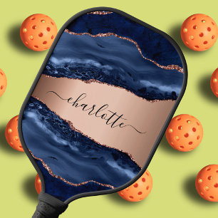 Raquette De Pickleball Marbre agate bleue rose or nom script