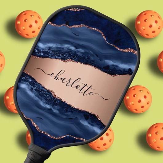 Raquette De Pickleball Marbre agate bleue rose or nom script