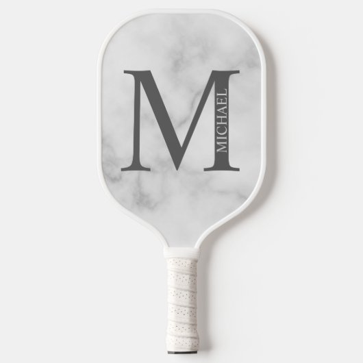 Raquette De Pickleball Marbre blanc Monogramme personnalisé et nom (Recto)