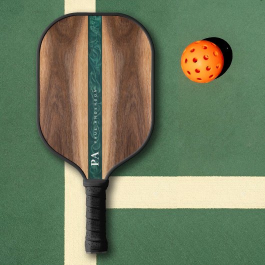 Raquette De Pickleball Marbre vert noyer Nom du monogramme personnalisé