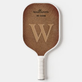 Raquette De Pickleball Marron Marque Monogrammé Cuir Script Nom Rustique  (Recto)